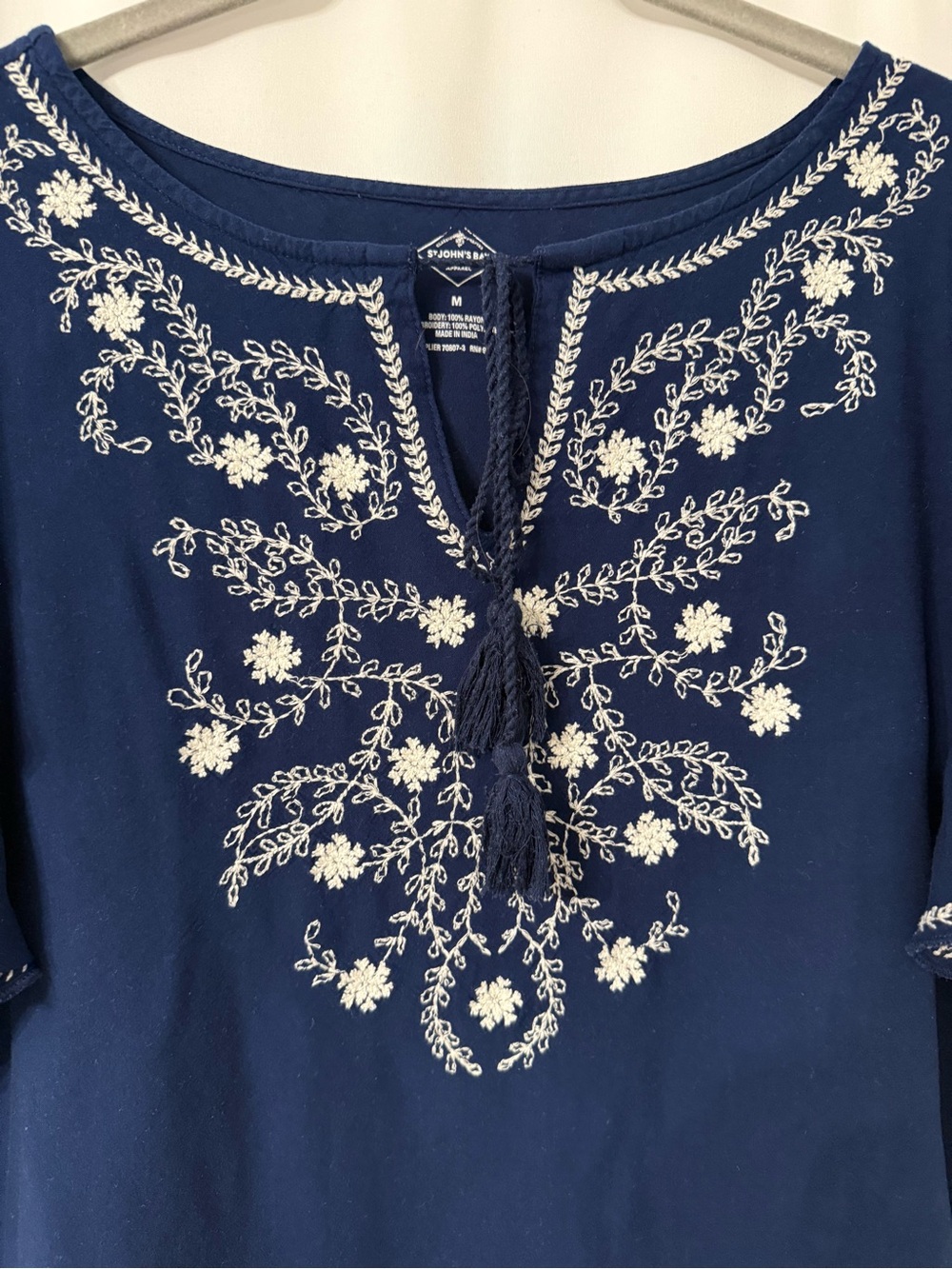 St. John’s Bay Navy Embroidered Boho Peasant Coastal Top Tassel Flutter Sleeve M - Picture 12 of 17